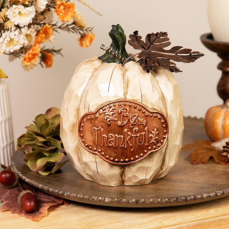 Fall Harvest "Be Joyful" "Be Thankful" Pumpkin Decorations - 7.75" - Set of 2