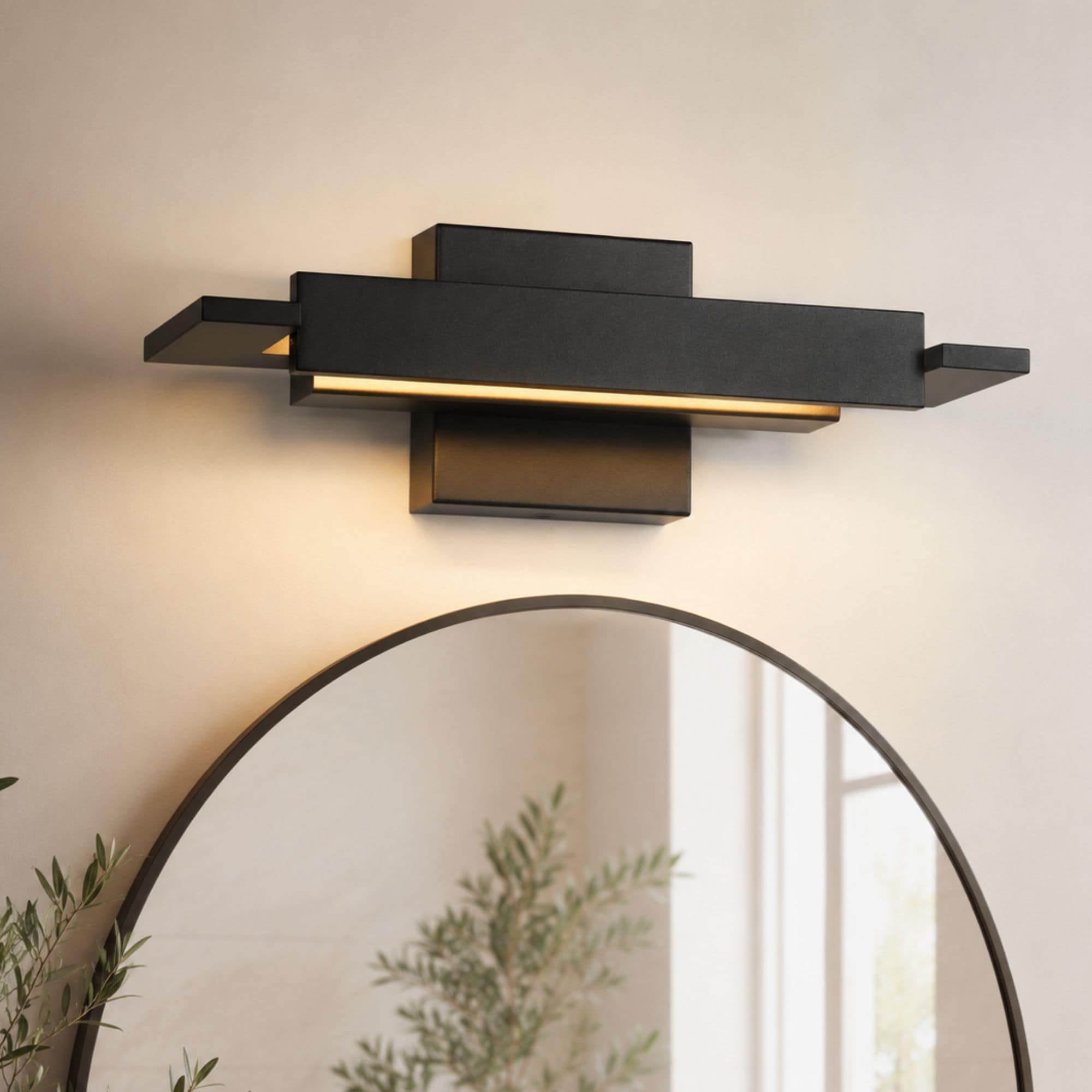 Modern 14.2" Black Integrated LED Vanity Light with Geometric Linear Design for Bathroom