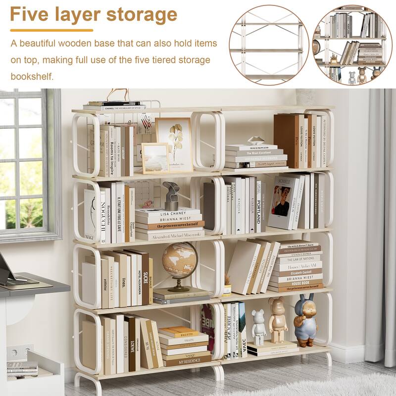Anmytek 5 Tier Industrial Open Bookshelf White Metal Frame