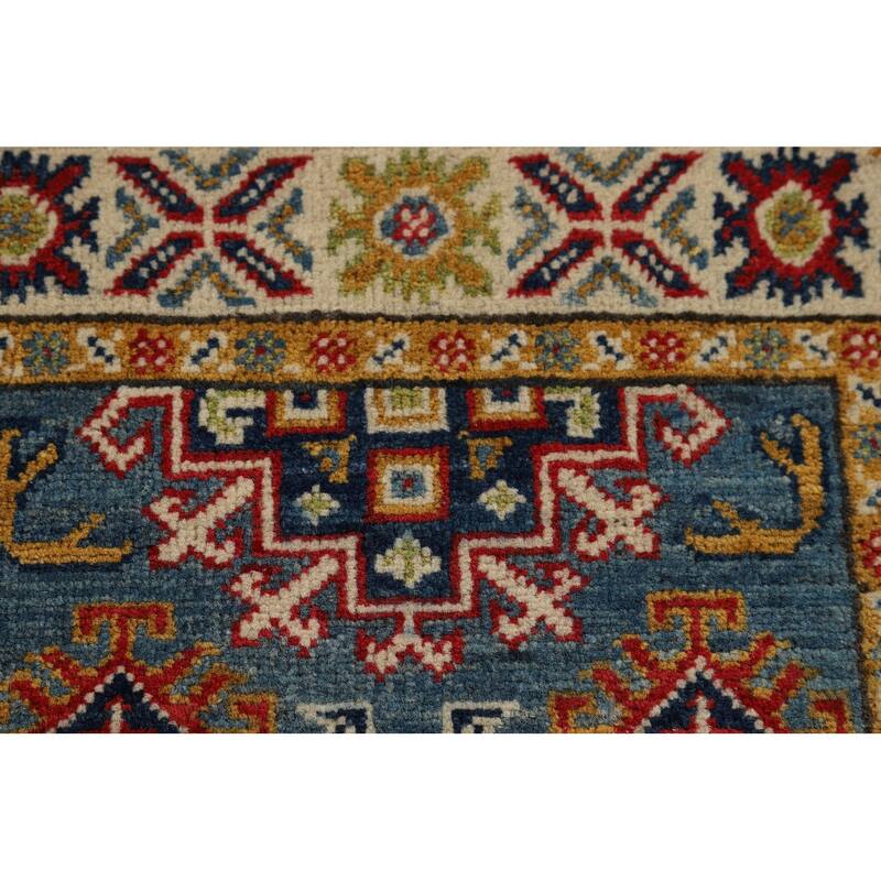 Hand Knotted Oriental 100% Wool Carpet Traditional Geometric Navy Blue & Blues Kazak Area Rug - 3' 0'' X 2' 0''