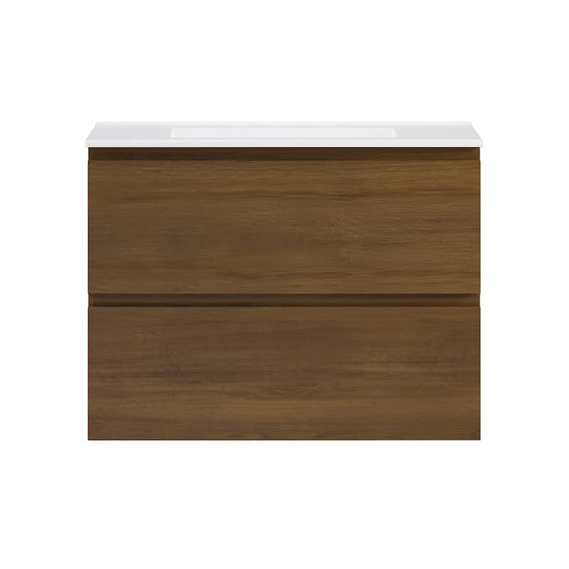 Liberte 30" Wall-Mounted Bathroom Vanity In Brown Oak With 3-Hole Widespread Sink Top - 30