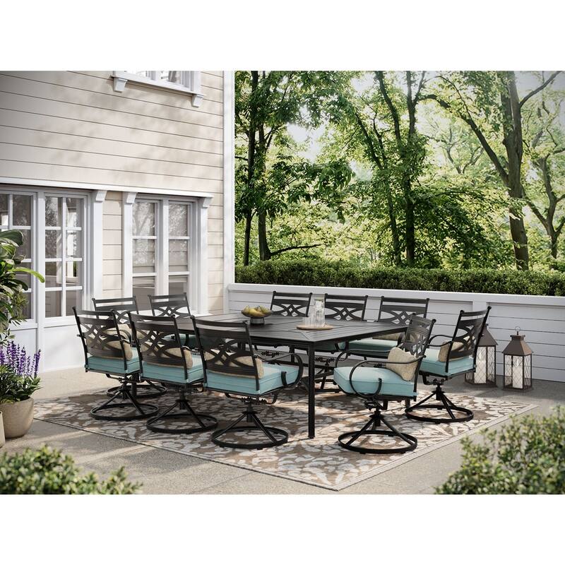 Hanover Montclair 11-Piece Dining Set in Ocean Blue with 10 Swivel Rockers and a 60-In. x 84-In. Table