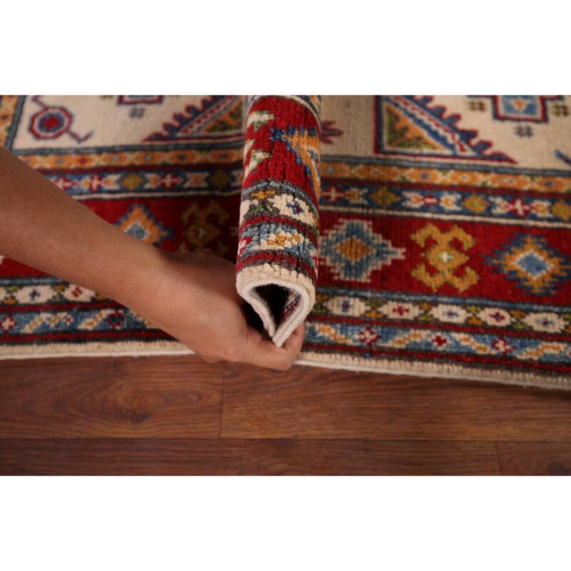 Geometric Kazak Oriental Foyer Rug Hand-Knotted Beige Wool Carpet - 2'9" x 4'3"