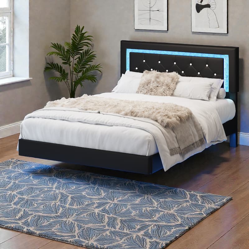 Floating Upholstered Bed Frame with LED Lights, Diamond Tufted Headboard, PU Leather Platform Bed, No Box Spring Needed