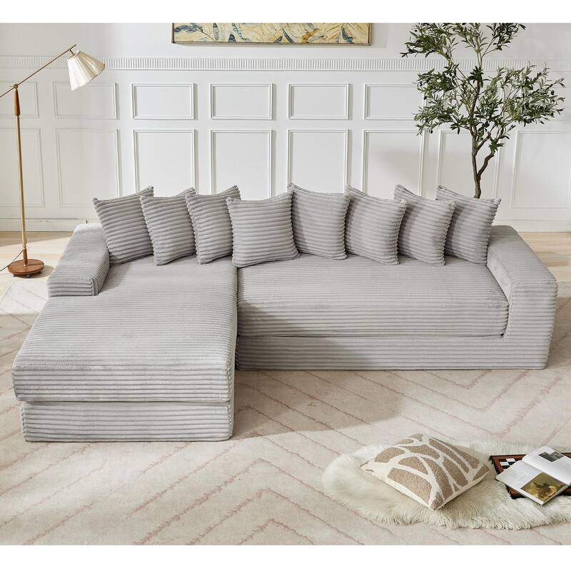 Floor Sleeper Sofa Bed Convertible L-shaped Modular Sectional Couch with Chaise, Corduroy Compression Sofa with Side Pockets - Light Grey
