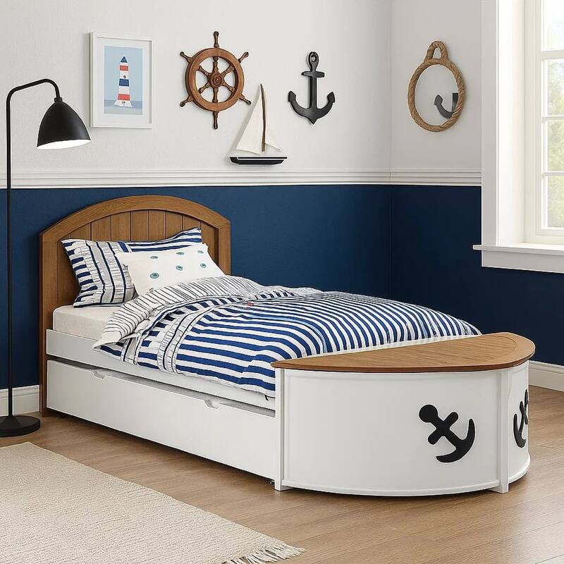 Evon Twin Captain Bed w Trundle, White, Oak Brown, Nautical Coastal Theme