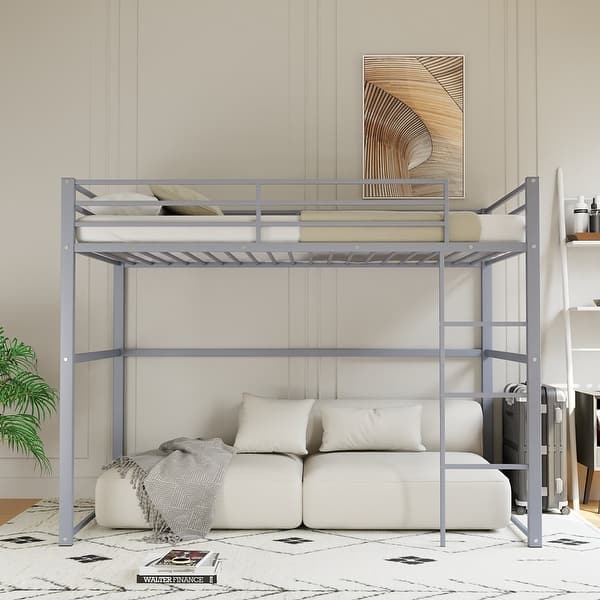 slide 2 of 33, Metal Loft Bed Twin, Loft Bed Frame with Guard Rails and Flat Ladder Grey