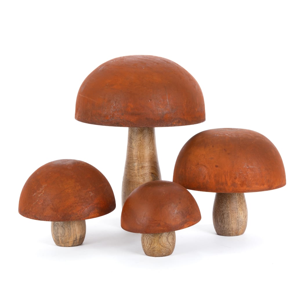 Set of 4 Rustic Metal and Wood Mushroom Figurines