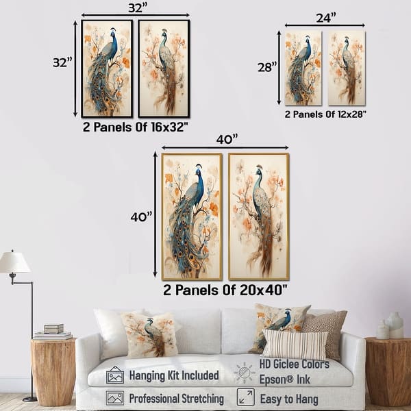 Designart "Vintage Fantasy Peacock In Enchanted Flowers" Peacock Framed Art Set Of 2 - Animals Wall Art Set 2 Pieces
