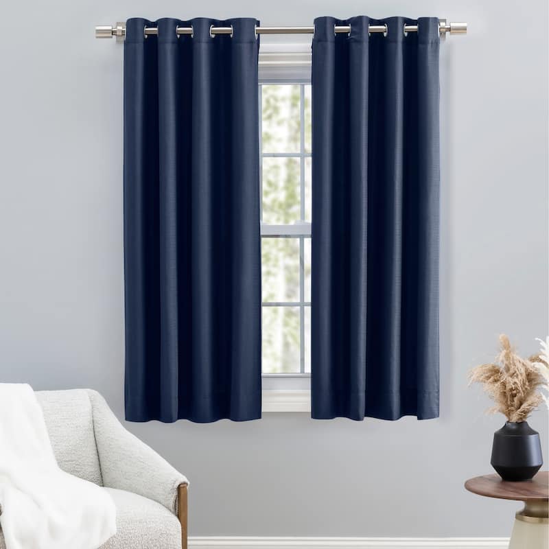 Premium Grasscloth Soft Sheen Grommet Short Curtain Panel w/ Pull Wand - 54"W x 54"L - Navy