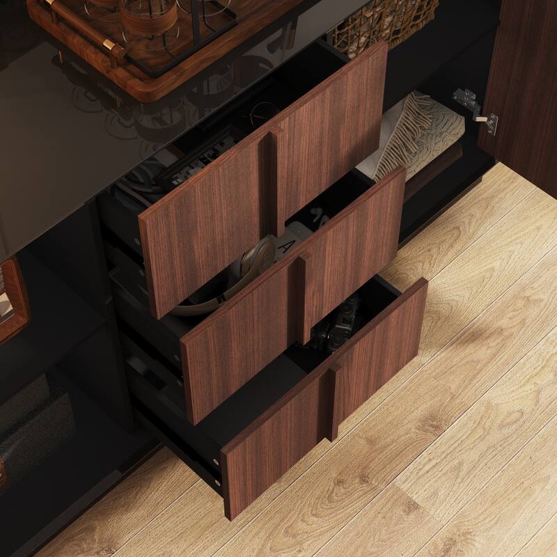 Modern Black High-Gloss Sideboard Buffet Cabinet with Coffee Wood Grain Doors, Sliding Power Outlet & Cable Management Box
