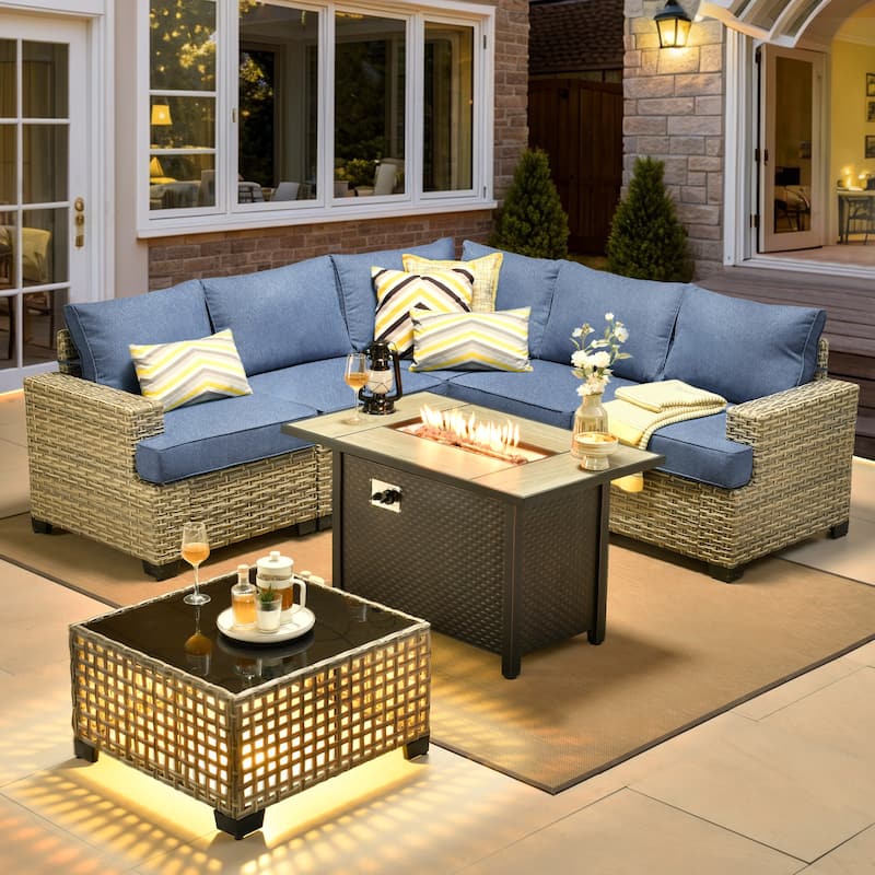 XIZZI 7 Pieces Patio Furniture Wicker Sectional Sofa Set with Fire Pit Table - Denim Blue