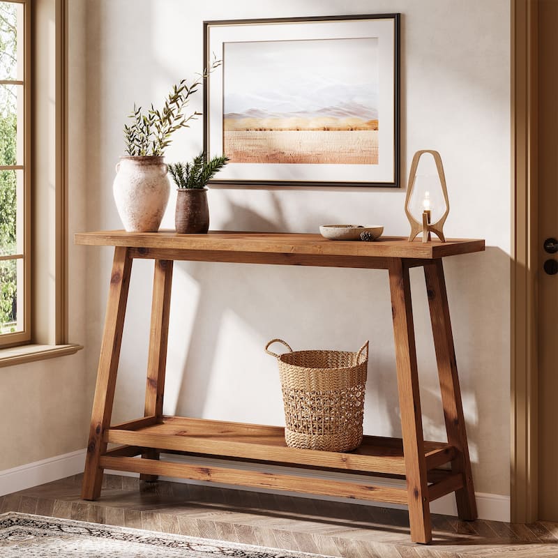 Solid Wood Console Table, 2-Shelf Entryway Table with Storage, Behind Couch Sofa Table Hallway Foyer Accent Table - WarmBrown