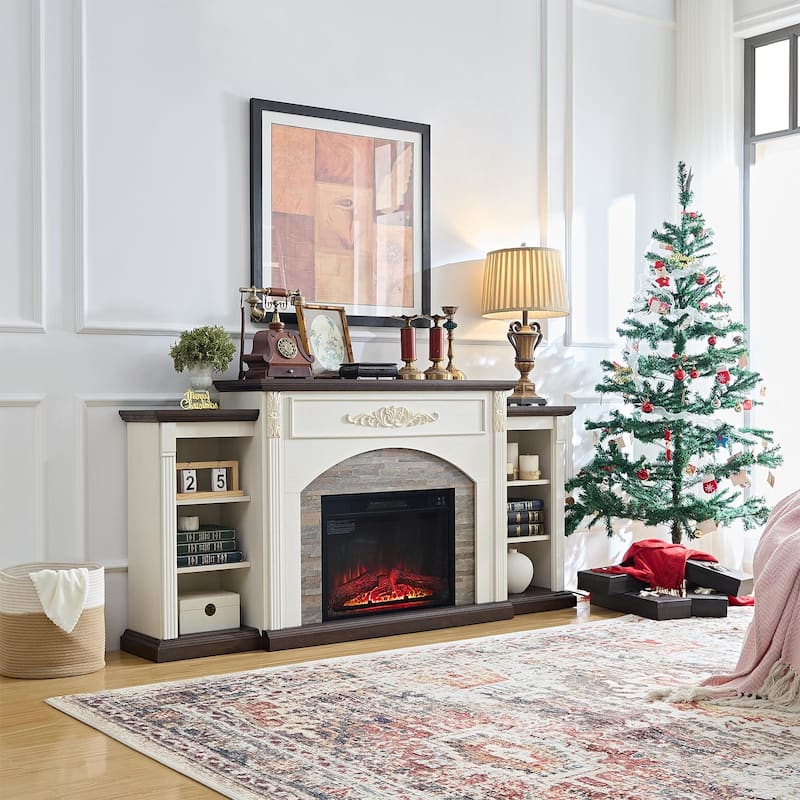 Classic 72 inch Electric Fireplace with Mantel White TV Stand Entertainment Center with Storage