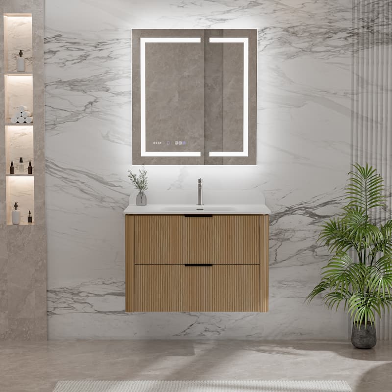 Modland Fluted Floating Vanity with Sink, Plywood Wall Mount Cabinet, Curved Edge, 24/30/36 Inch