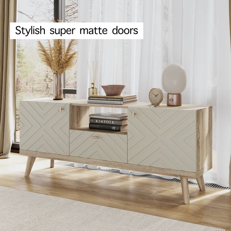 Living Skog Alba Beige TV Stand Console with Drawer Fits TV's up to 65 in. with Wood Legs Mid Century Modern Design
