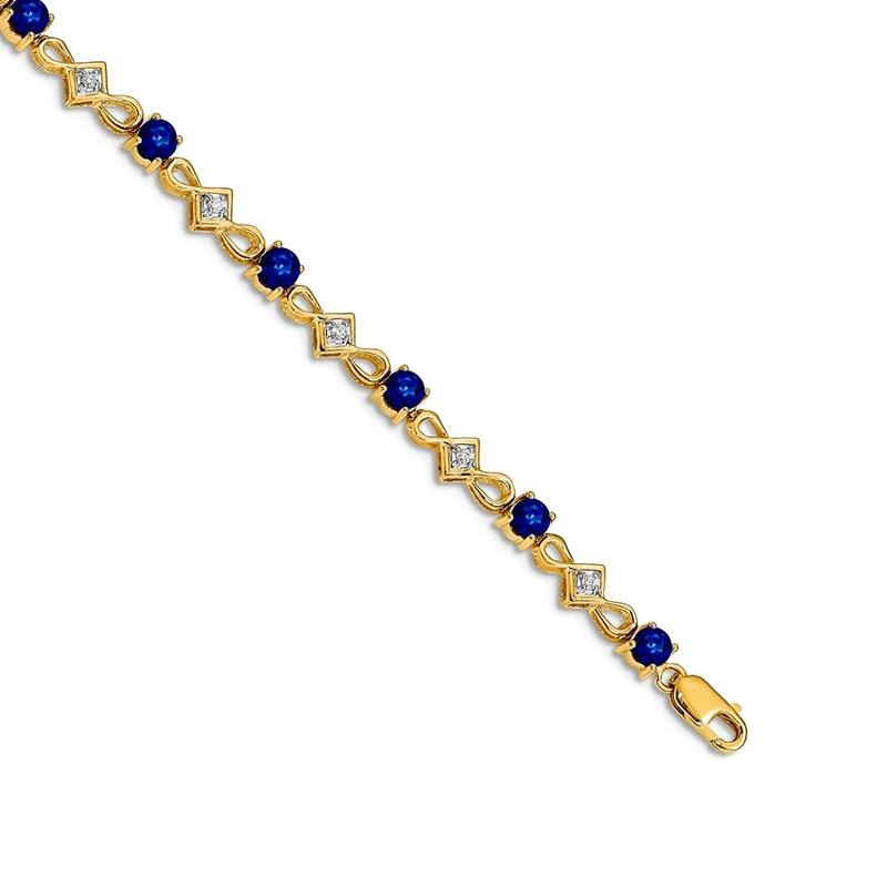 Curata 14k Yellow or White Gold 7" 4mm Emerald, Ruby or Sapphire and Diamond Bracelet - Sapphire - Yellow