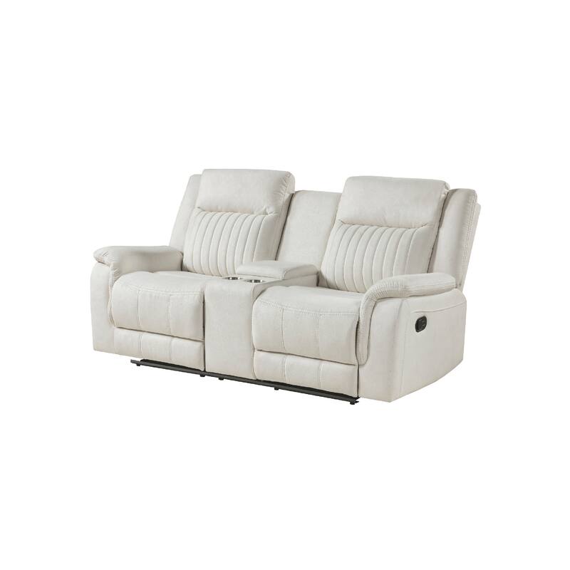 Lenny Manual Recliner Loveseat w Cupholder Console, Beige Microfiber