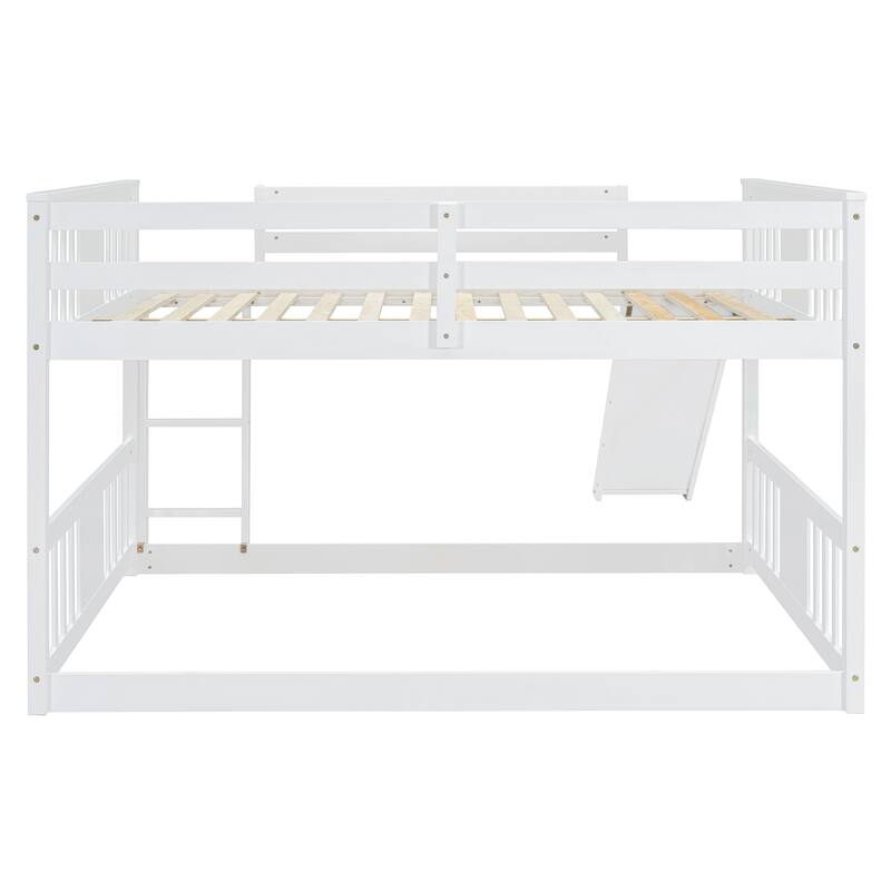 Full over Full Bunk Bed with Built-in Ladder and Slide, Wooden Full Size Floor Bunk Bed Frame