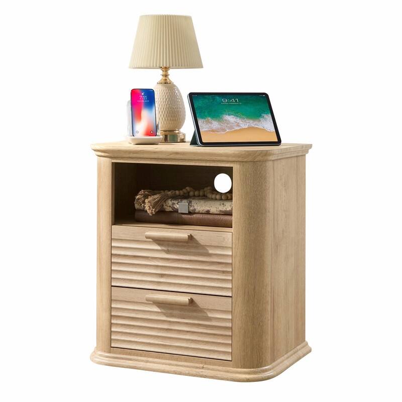 22" Fluted Nightstand with Charging Station - Modern End Table with 2 Drawers and Open Storage