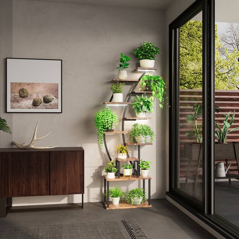 63"H 9 Tiered Indoor Plant Stand with Grow Lights - Dark Brown