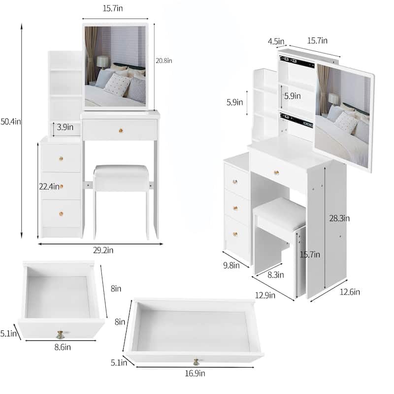 Vanity Desk with Control Sliding LED Mirror, Makeup Vanity with Cushioned Stool, Vanity Set with Hair Dryer Bracket