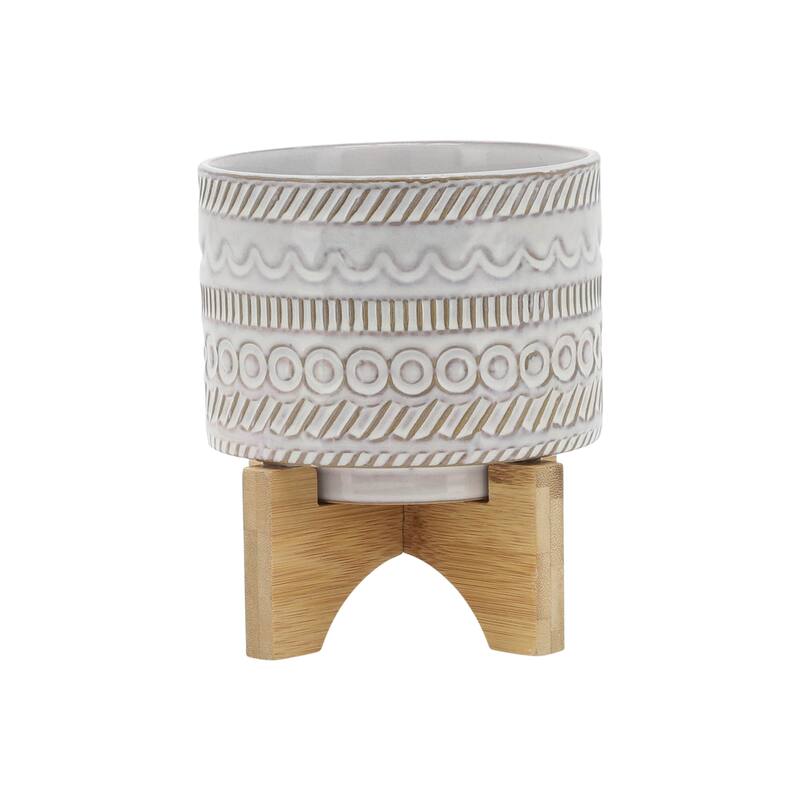 Sagebrook Home Tribal Ceramic Planter Pot with Natural Wood Stand - Beige