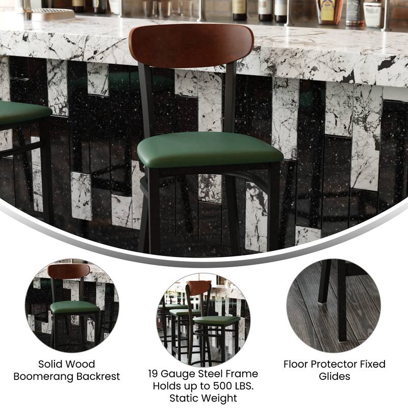 Commercial Metal Barstool with Wood Seat and Boomerang Back