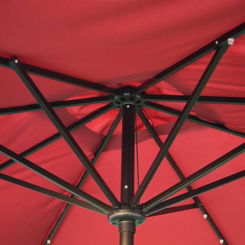 Outdoor terrace umbrella with tilting mechanism and LED lighting