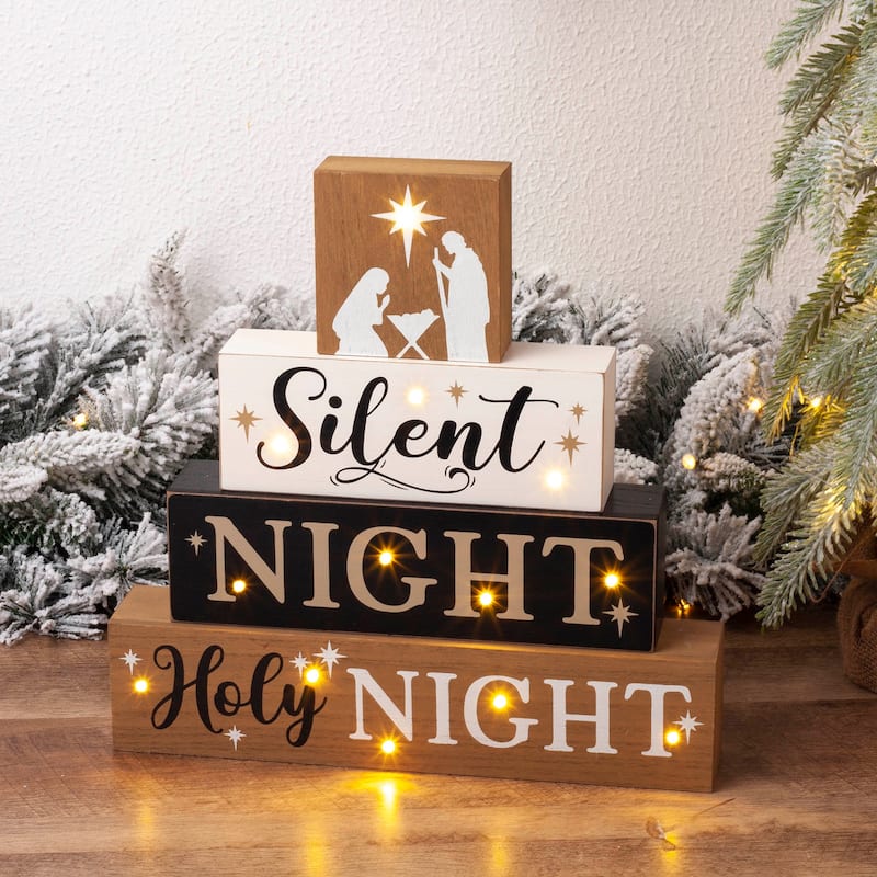 Glitzhome 12"H Lighted Wooden Nativity Block Word Sign