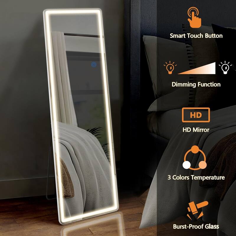 Floor Mirror with LED Light, 64" x 21" Full Length Mirror with Stand, Hanging Mirror Wall Mounted Mirror Full Body Mirror