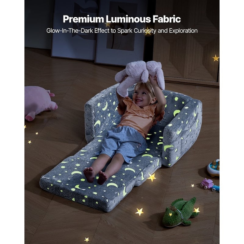 Grey Kids Foldable Sofa Bed with Glow-in-the-Dark Patterns and Comfortable Foam Seating - 24.0 x 41.3 x 12.0 in