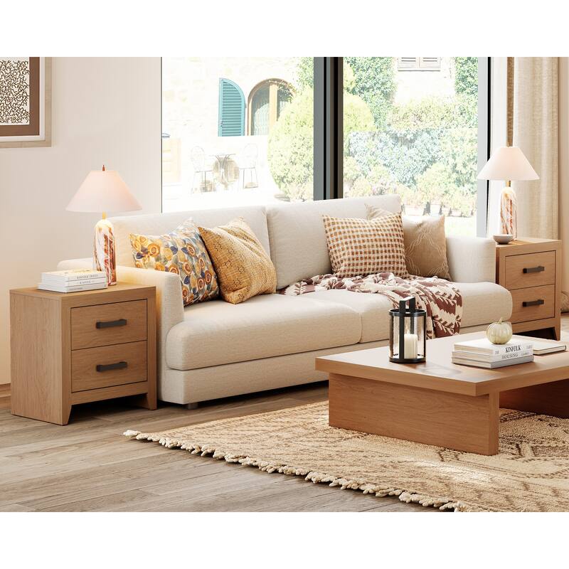 WAMPAT Farmhouse End Table with 2 Storage Drawers - Rustic Brown Accent Table for Bedroom & Living Room - Mocha-2PCS