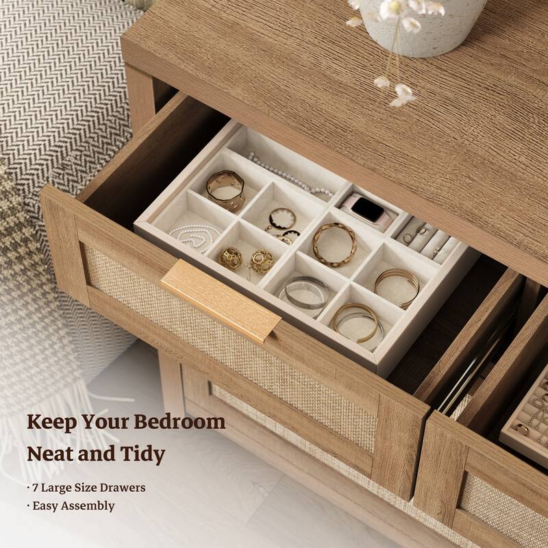 Efficient Storage Dresser with 7 Rattan Drawers