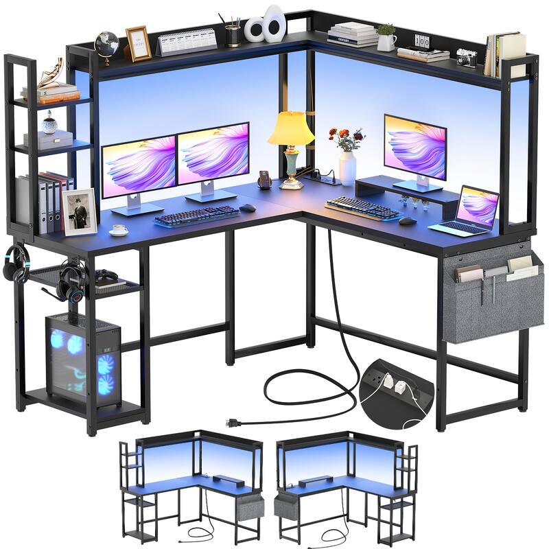 L Shaped Desk with Full Hutch and Power Hub, Corner Desk Computer Desk Office Writing Desk