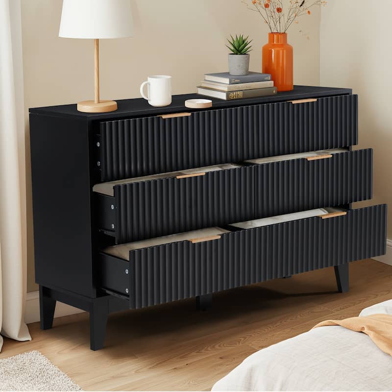 EROMMY Fluted 6-Drawer Dresser – Mid Century Modern Wide Chest with Metal Handles for Bedroom & Living Room