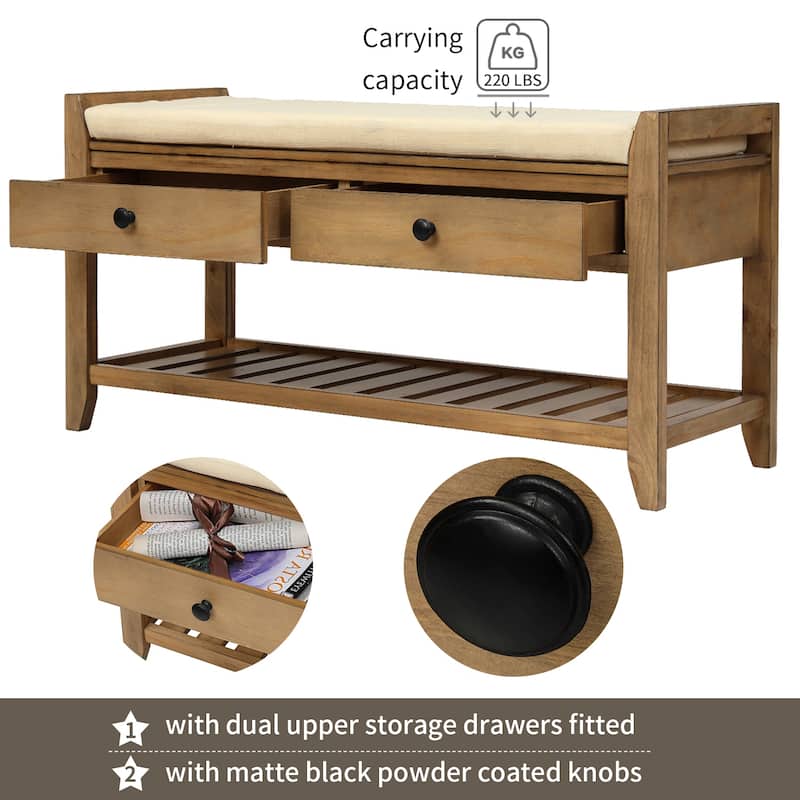 Entryway Storage Bench with Cushioned Seat and Drawers - 39"L x 14"W x 19.8"H