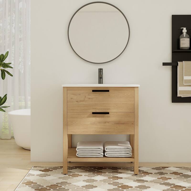 BNK 30'' Single Bathroom Vanity With Sink, Freestanding Bathroom Vanity with Soft Close Drawer and Shelf - Imitative Oak - 30''W×18.31''D×33.5''H