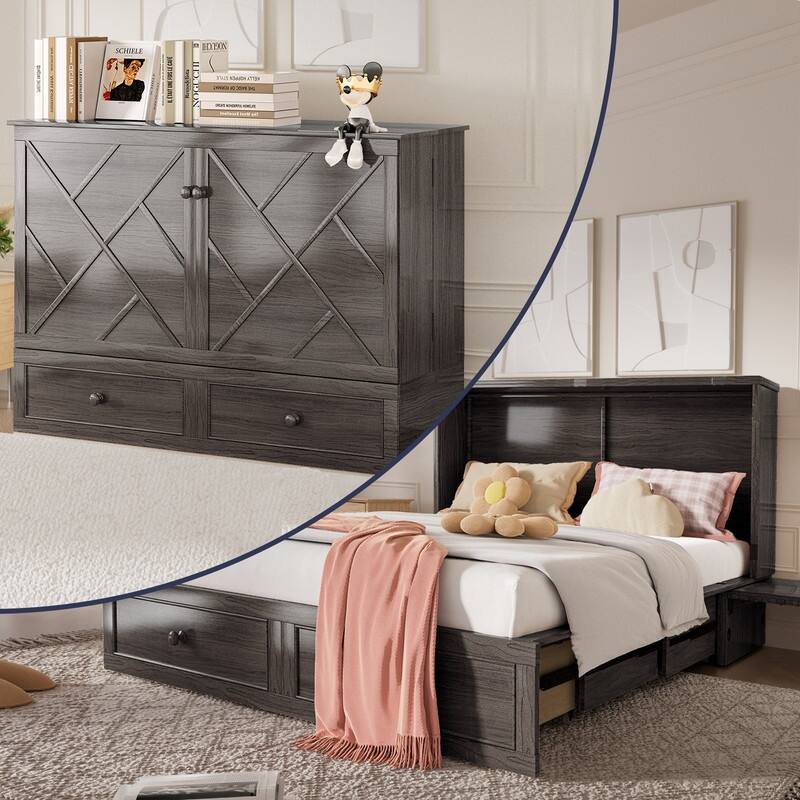 Mixoy Queen Size Murphy Bed Chest with Mattress and Storage - Grey - Queen