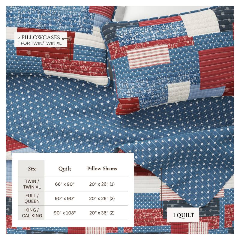 Linery & Co. All Season 3 Piece Americana Stitched Quilt Set with Shams