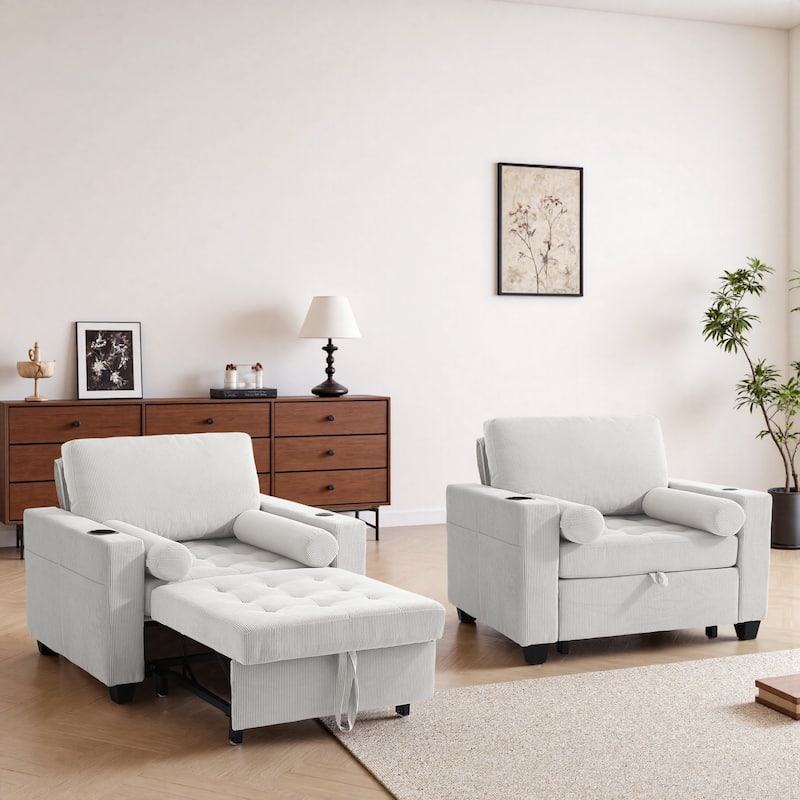 3-in-1 Adjustable Sleeper Sofa Bed Convertible Chair for Living Room - 2 Set - Beige