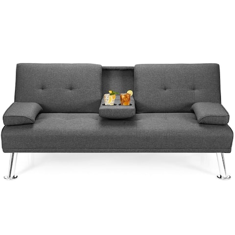 Convertible Folding Futon Sofa Bed Fabric with 2 Cup Holders - 66" x 31.5" x 29.5"