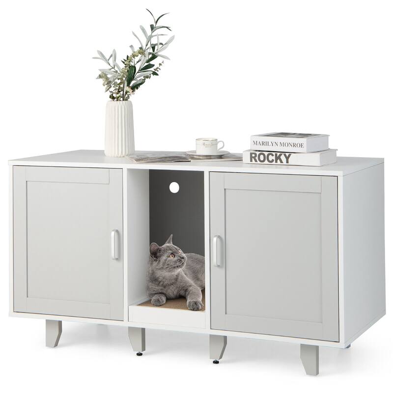 Gymax Cat Litter Box Enclosure Hidden Cat Washroom w/ 2 Doors - Grey