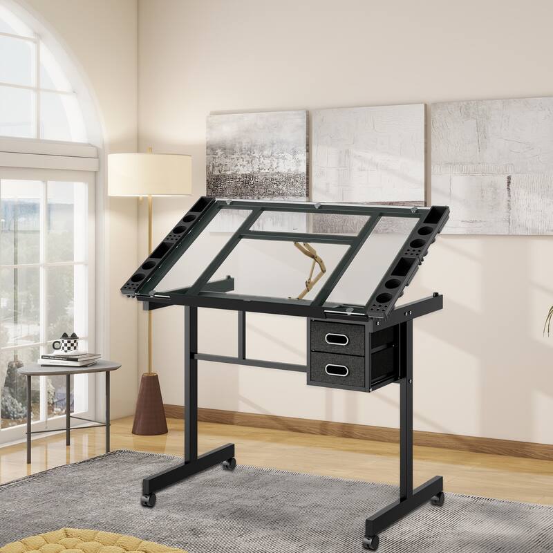 Adjustable Art Drawing Desk Craft Station Drafting with 2 fabric Drawers and 4 Wheels (white)