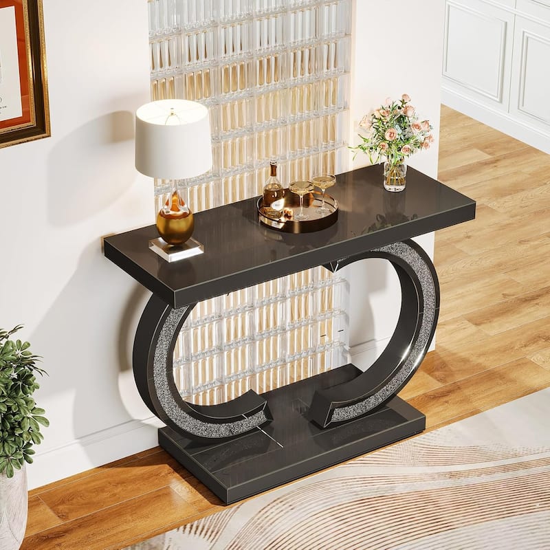 39-inch Mirrored Console Table for Entryway, Modern Silver Glass Sofa Table with Sparkling Crystal Inlays