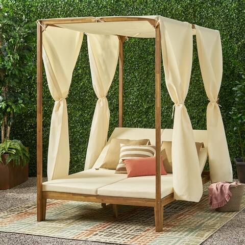 Kinzie Outdoor 2 Seater Adjustable Acacia Wood Daybed with Curtains by Christopher Knight Home