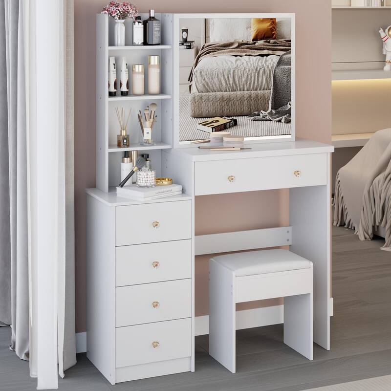 37" Middle Size Left Bedside Cabinet Vanity Table +Cushioned Stool,Extra Large Sliding Mirror,Multi Layer High Capacity Storage