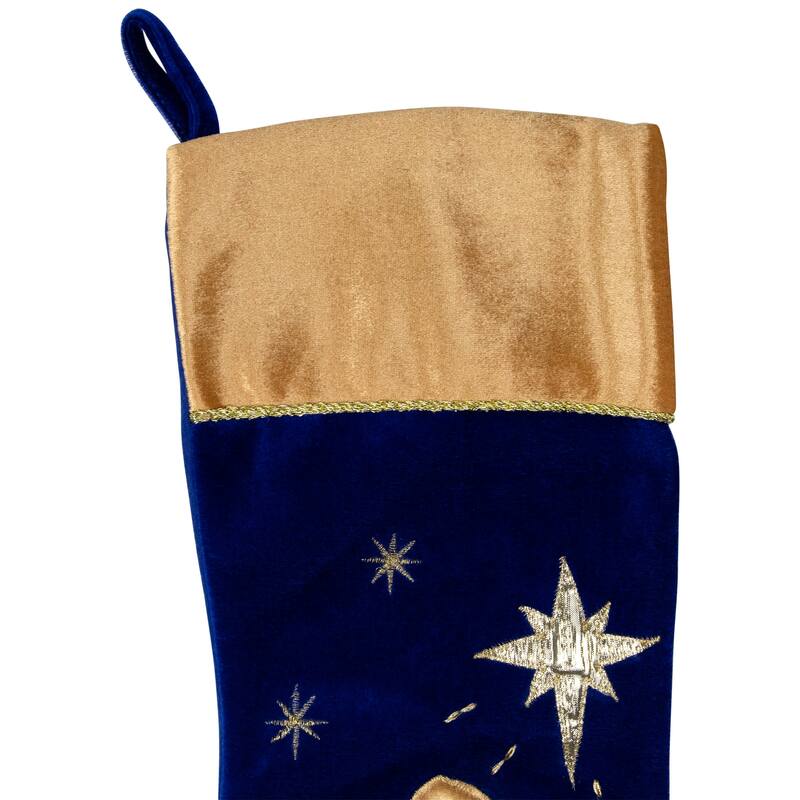 20.5" Blue and Gold Nativity Scene Christmas Stocking with Gold Cuff