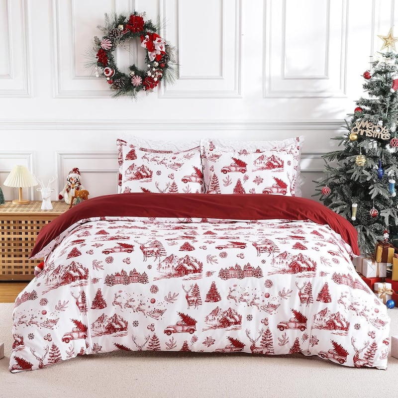 Christmas Soft Boho Red Duvet Cover and Pillow Shams Set, Bedding Set - Queen