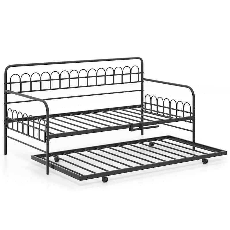 Costway Twin Daybed with Trundle Curved Backrest & Armrests Heavy-duty - Black - Twin